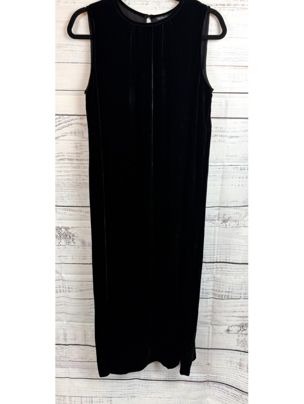 EILEEN FISHER black silk blend velvet midi shift sleeveless dress size XS NWT